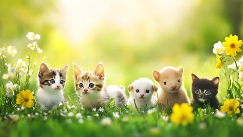 Adorable Kittens and Lambs in Springtime Meadow.