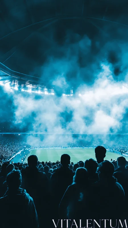 Electric sky above roaring stadium crowd in teal fog.