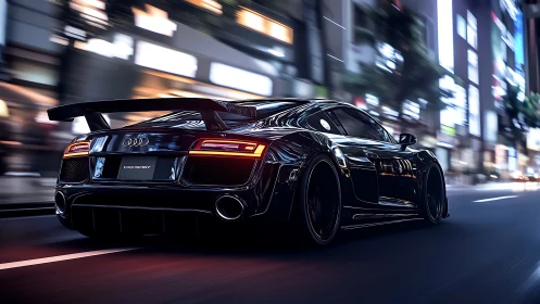 Black Audi sports car at speed on blurred city street.