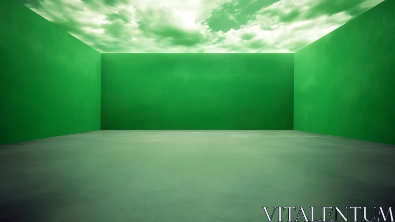 Rectangular green room uses sky-textured ceiling as luminous plane