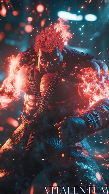 Flaming red haired fighter stands tensed in glowing embers