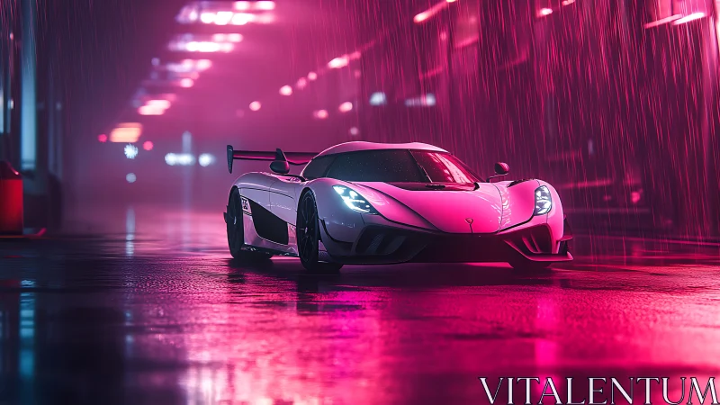Neon streets embrace a sleek supercar in the midnight rain.