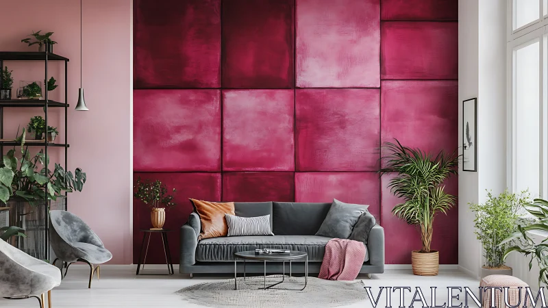 Modern living room framed by bold magenta feature wall.