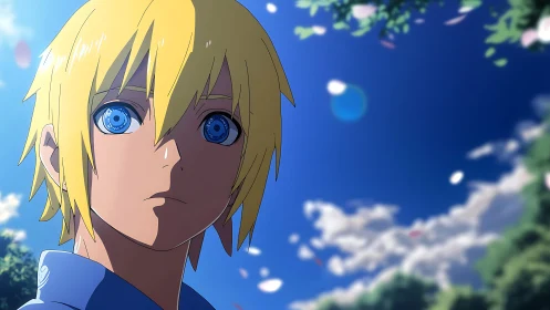 Blond anime boy under deep blue sky with blossoms falling.