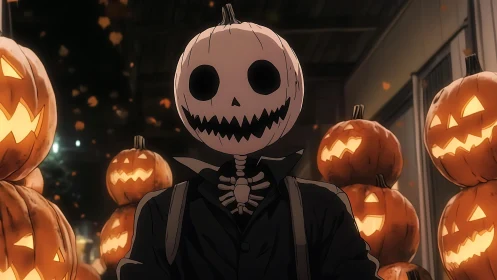 Pumpkin-headed figure stands amid glowing jack-o&rsquo;-lantern corridor