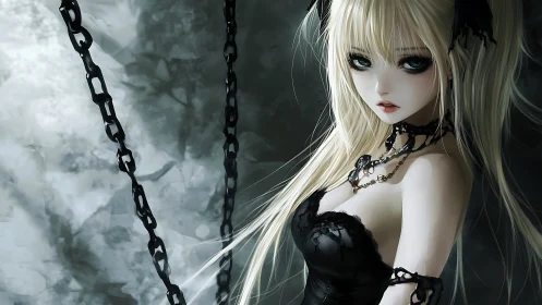 Gothic blonde anime girl amid suspended black chains.