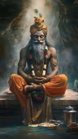 Meditating Hindu sage in cave with offerings and garlands.