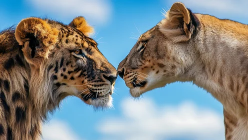 Lion and Lioness Face-to-Face Against Blue Sky.