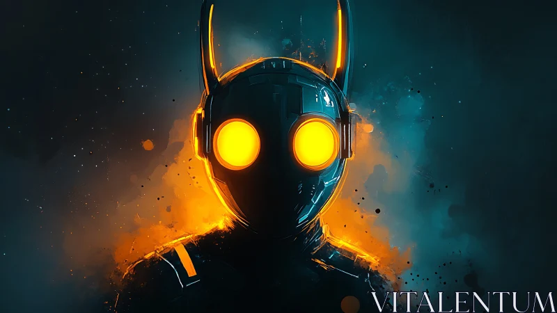 Neon-lit cybernetic helmet portrait with glowing optic lenses