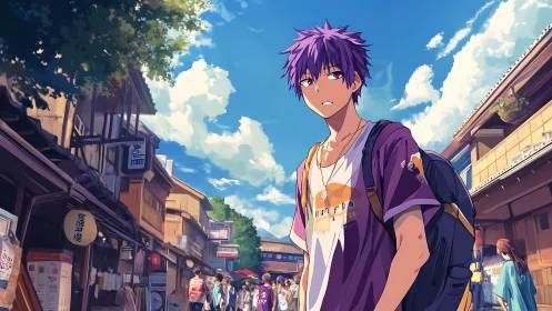 Sunlit side street wanderer in violet summer calm.