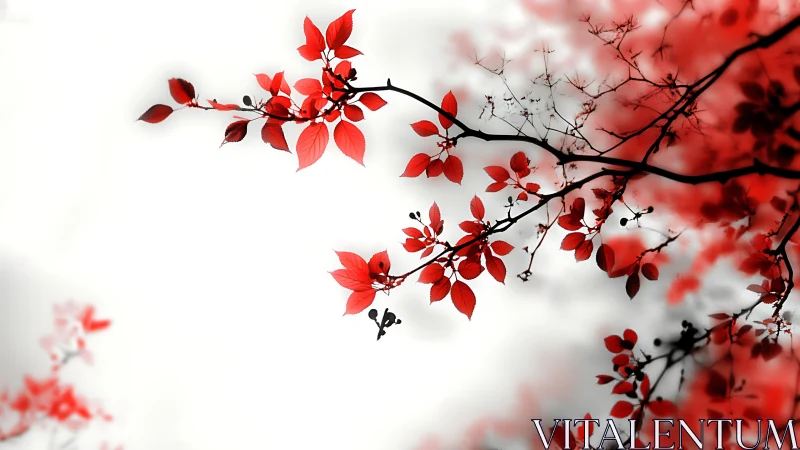 Artistic branch with vibrant red leaves on soft white background.