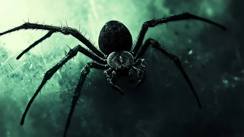 Neon-tinted spider close-up in dramatic cinematic lighting.