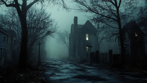 Foggy deserted street with dark houses and dim lights.