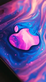 Colorful liquid wallpaper surrounds stylized fruit-shaped void