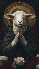 Sacred lamb portrait with gilded halo and roses below.