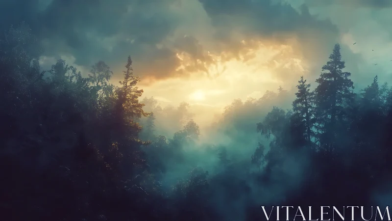 Misty Forest Valley at Sunrise: Atmospheric Landscape Study.