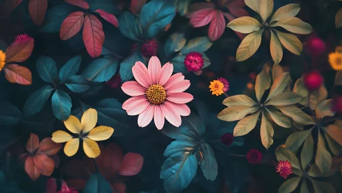 Botanical Composition with Pink Cosmos Central Focus and Layered Foliage