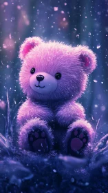 Bioluminescent violet plush teddy bear in cinematic snowfall