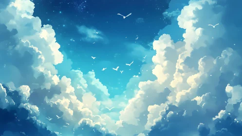 Bright cumulus clouds frame blue sky with distant birds