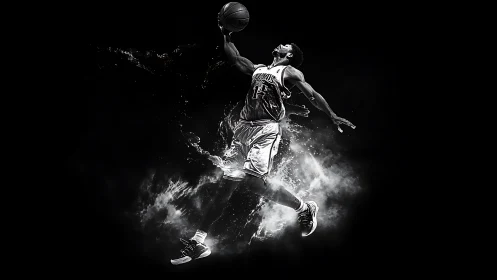 Monochrome motion-study of explosive basketball jump shot.