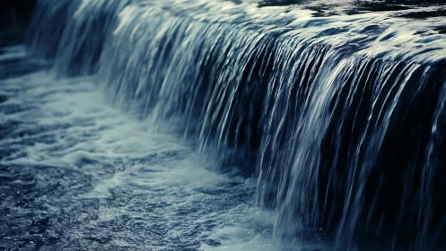 Close lateral view of low waterfall over smooth ledge.