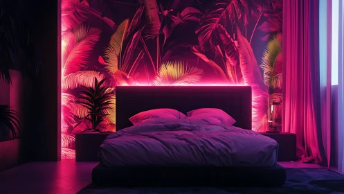 Neon jungle bedroom glows with lush cinematic midnight calm.