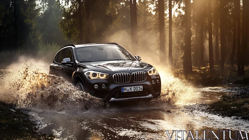 Bold SUV charges through a glowing forest trail at sunrise