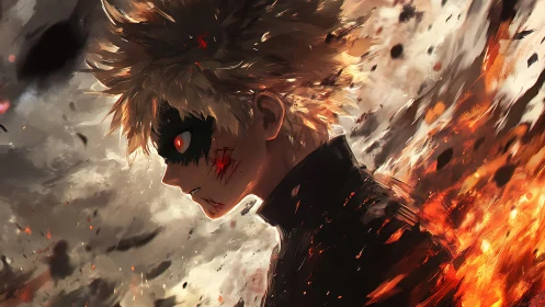 Explosive anime warrior strides through burning storm