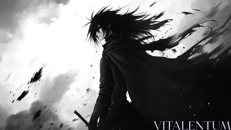 Storm-lit swordsman gazes ahead with windswept resolve