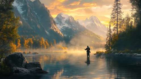 Solitary fly fisher in misty alpine lake at sunrise glow