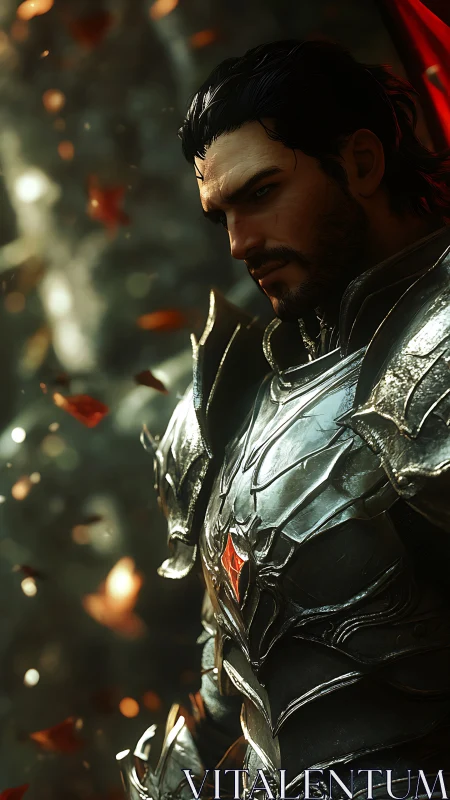 Brooding dark knight in ornate armor amid drifting embers