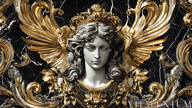 Baroque angel bust with gilded wings on black marble.