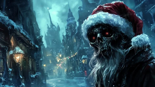 Undead Santa in eerie snowy street with gothic town