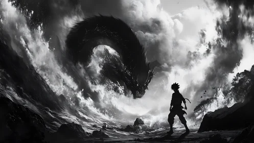 Stormborn challenger meets abyssal dragon over shattered surf.