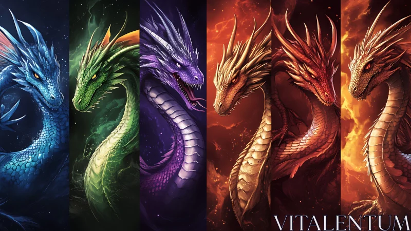 Elemental dragon council in molten, moonlit chromatic splendor.