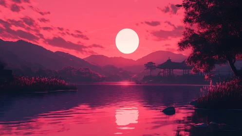 Radiant pink sunset bathes tranquil lakeside pagoda in calm