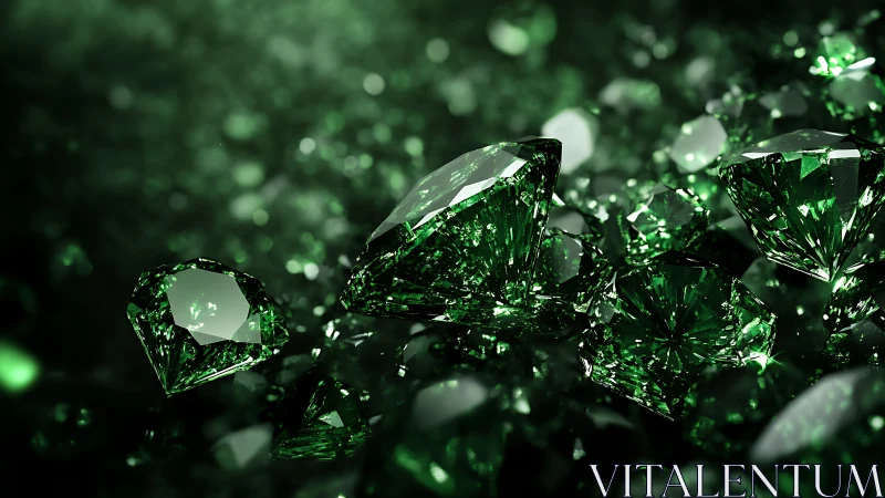 Emerald-cut green gemstones sparkle across dark reflective field