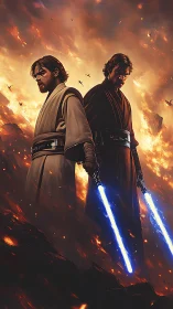 Twin robed warriors with blue energy blades on lava ridge