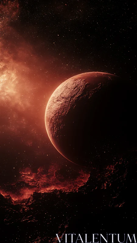 Crimson exoplanet over molten horizon in deep space.
