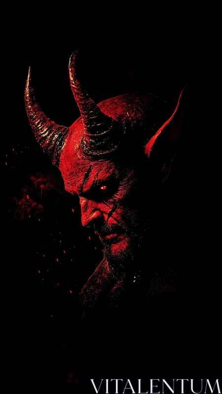 Horned demonic portrait in stark red and black profile.