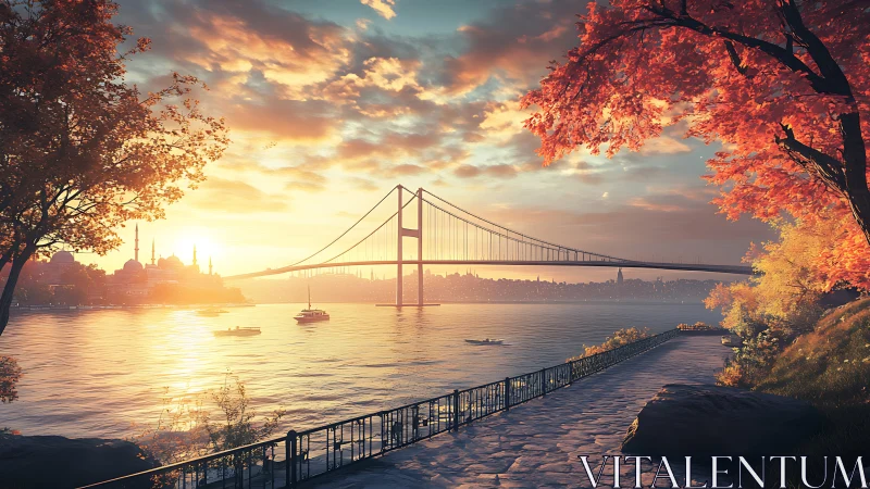 Golden autumn sunset gently embraces a peaceful city bay