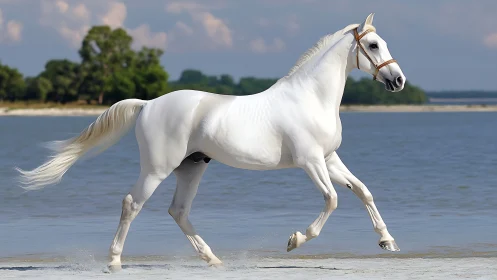 White horse trotting along shoreline in bright daylight.
