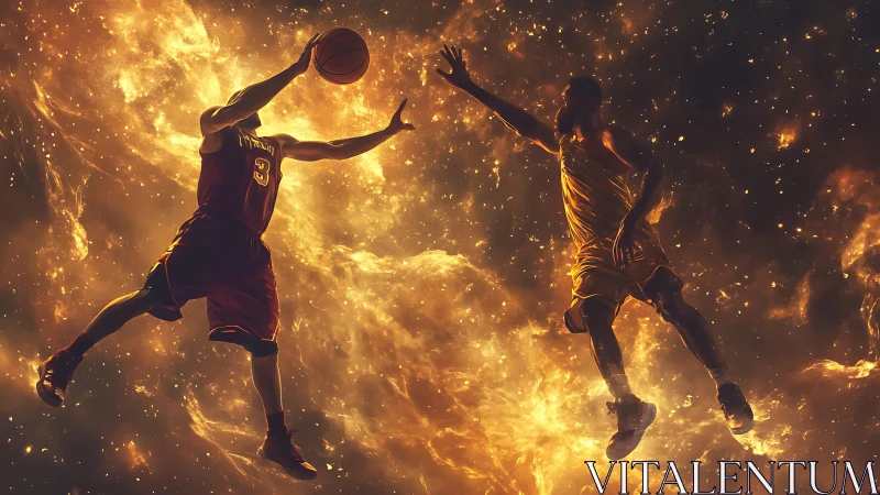 Two basketball players contest ball amid fiery cosmic light