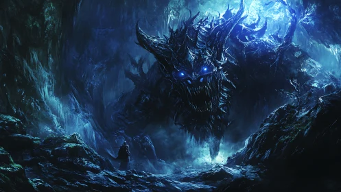 Enormous blue-eyed abyssal demon confronts lone cavern wanderer
