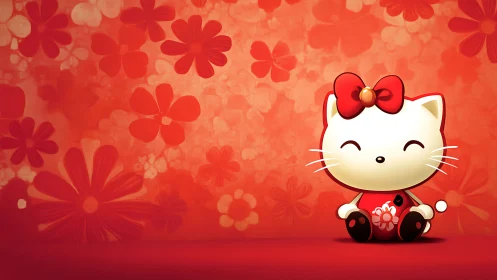 Hello Kitty Character Portrait Against Floral Red Backdrop.