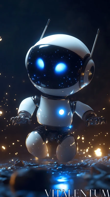 Stargazing robot hovers amid glowing sparks at night.