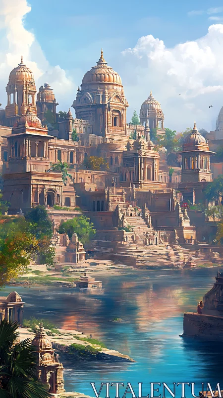 Riverside sandstone citadel with domed towers at sunrise.