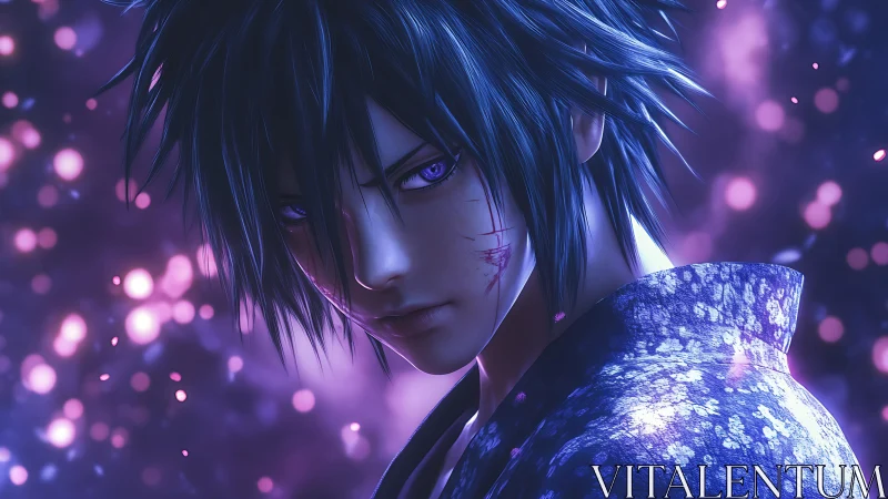 Anime portrait in violet bokeh with dramatic rim lighting.