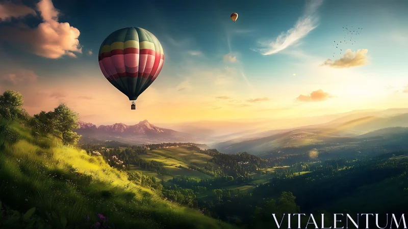 Hot air balloons traverse sunlit valley with atmospheric depth