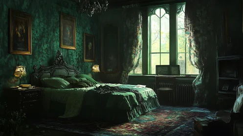Emerald gothic bedroom where dust, daylight and secrets linger.